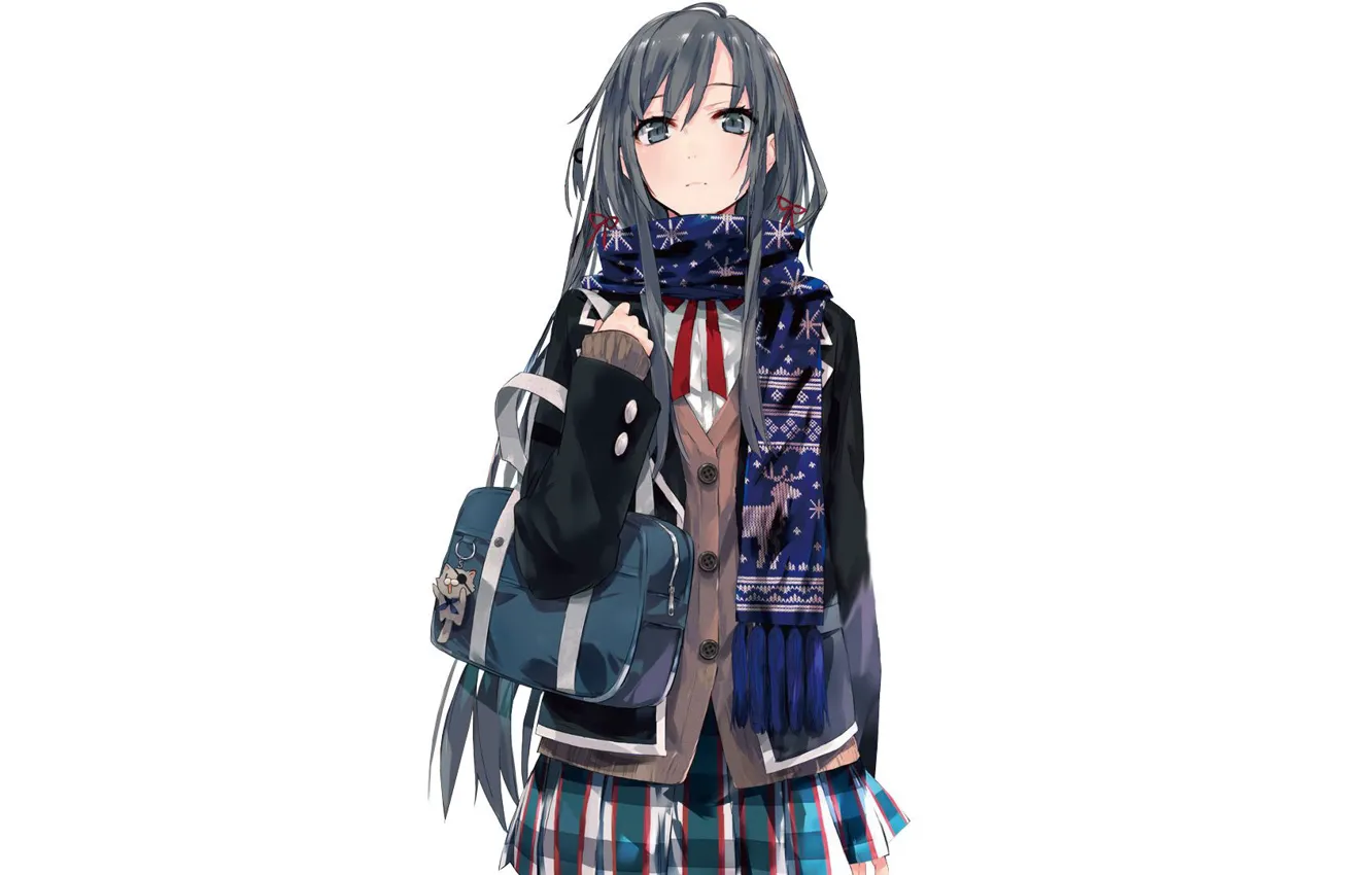 Photo wallpaper scarf, white background, schoolgirl, bag, jacket, keychain, long hair, art
