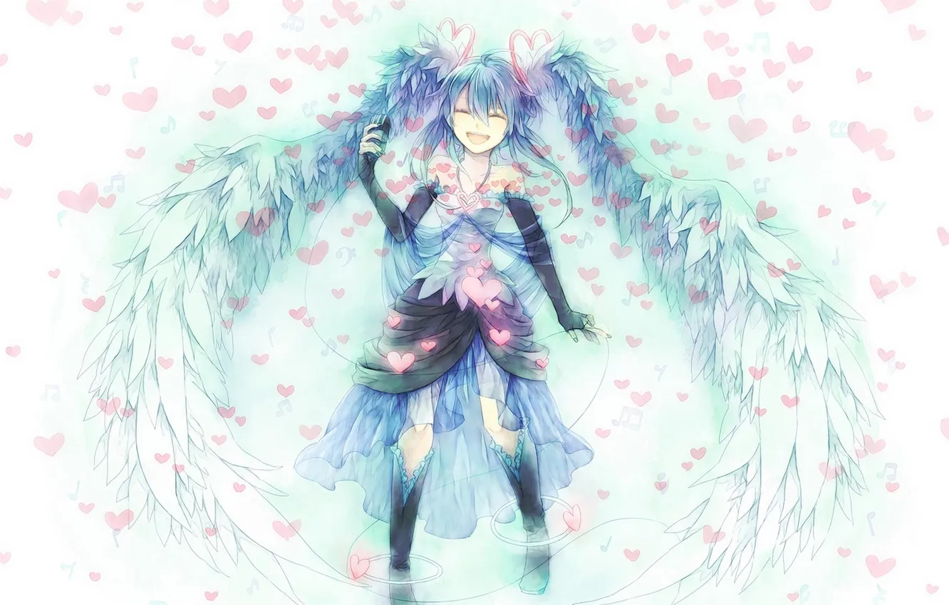 Photo wallpaper smile, notes, wings, dress, art, hearts, vocaloid, hatsune miku