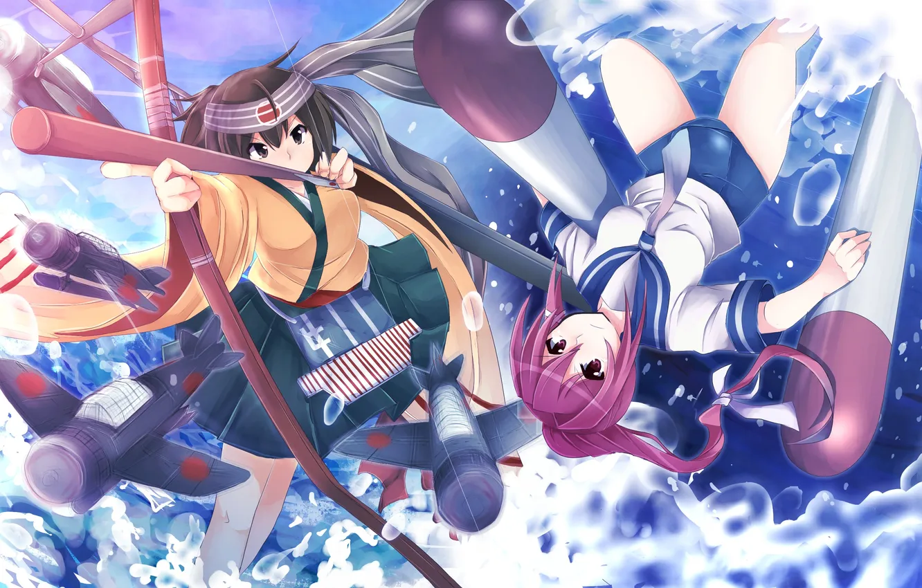 Photo wallpaper look, girl, flight, weapons, bow, arrows, gesture, art