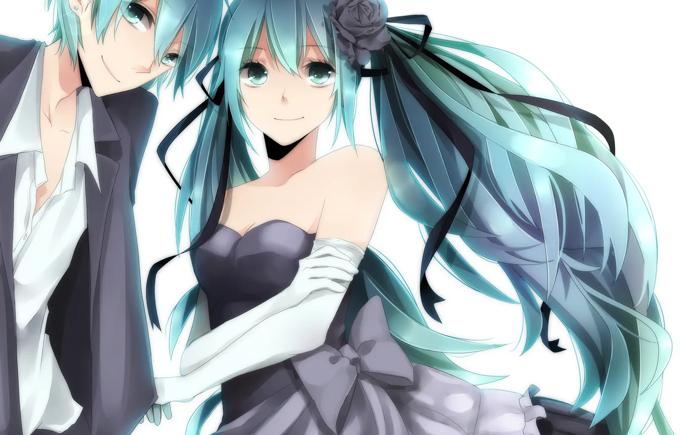 Photo wallpaper girl, roses, art, tape, guy, vocaloid, hatsune miku, bow