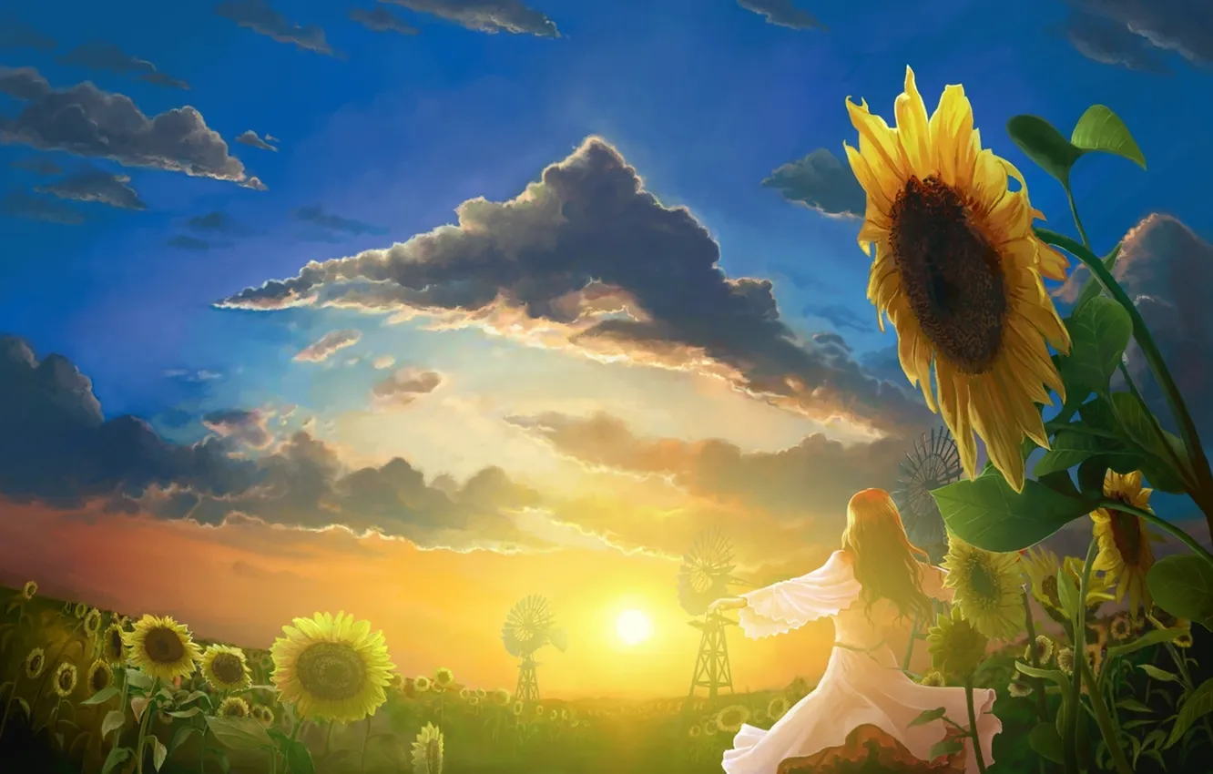 Photo wallpaper the sky, girl, clouds, field of sunflowers