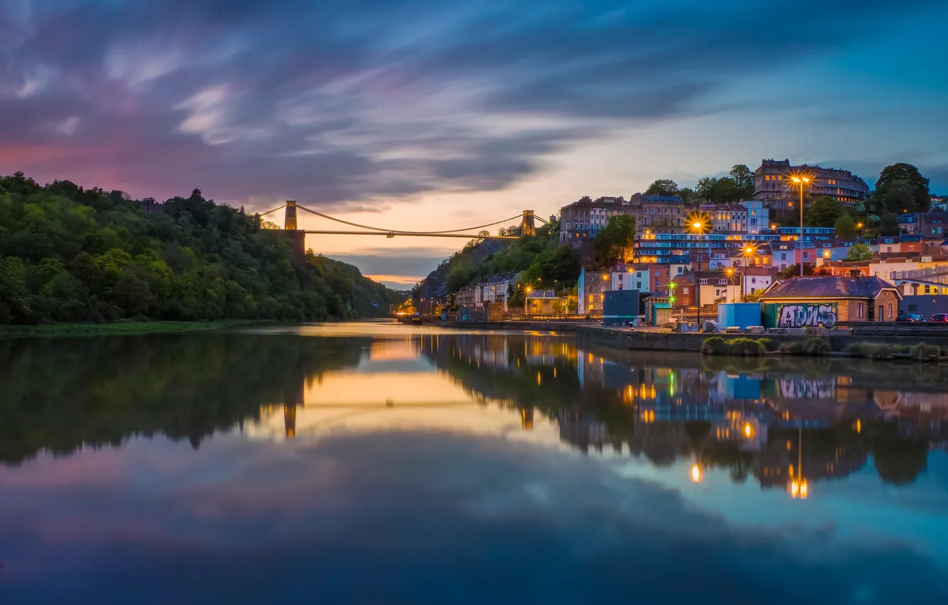 Photo wallpaper bridge, reflection, river, England, building, home, England, Bristol