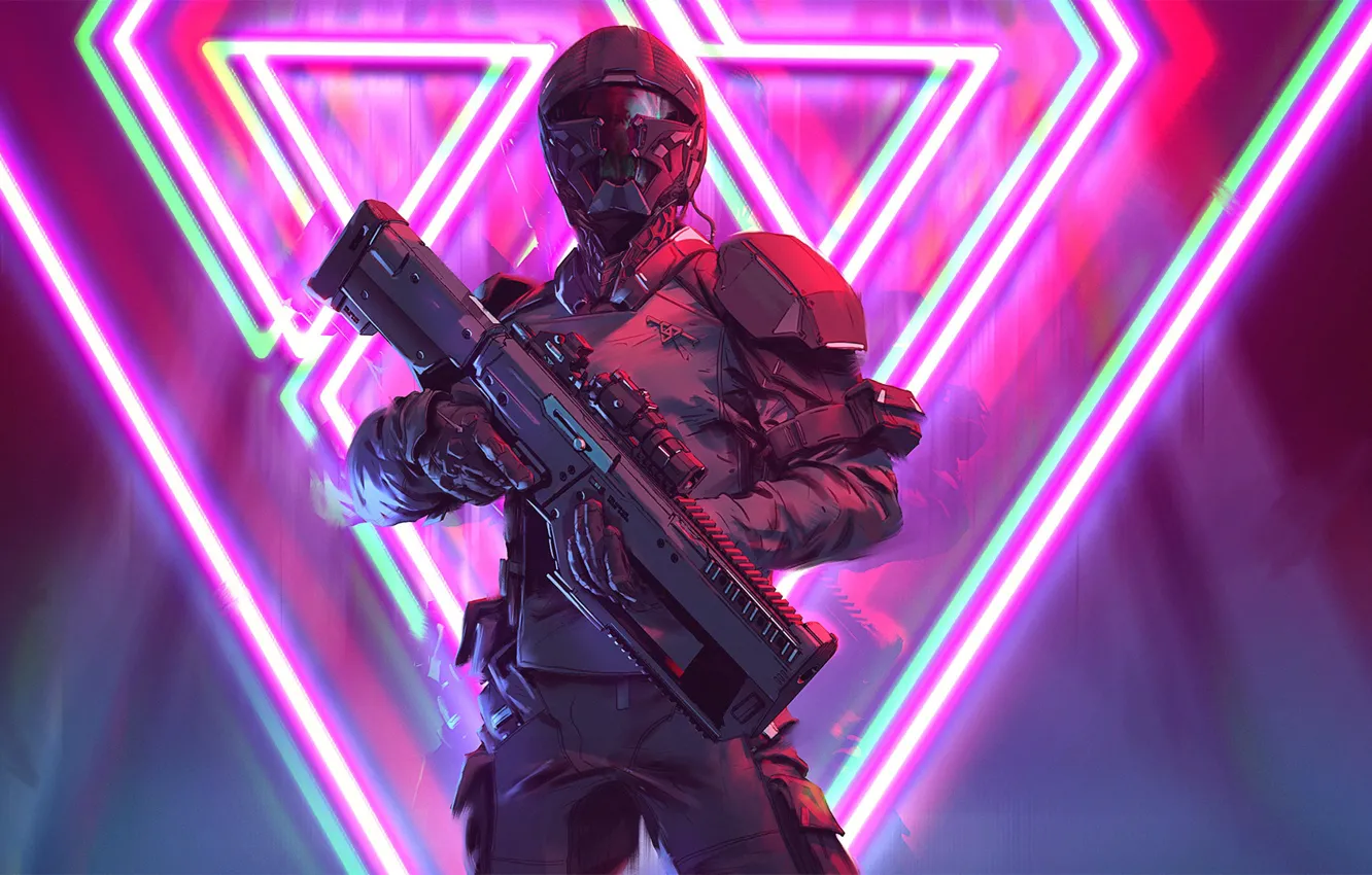 Photo wallpaper soldier, cyberpunk, rifle