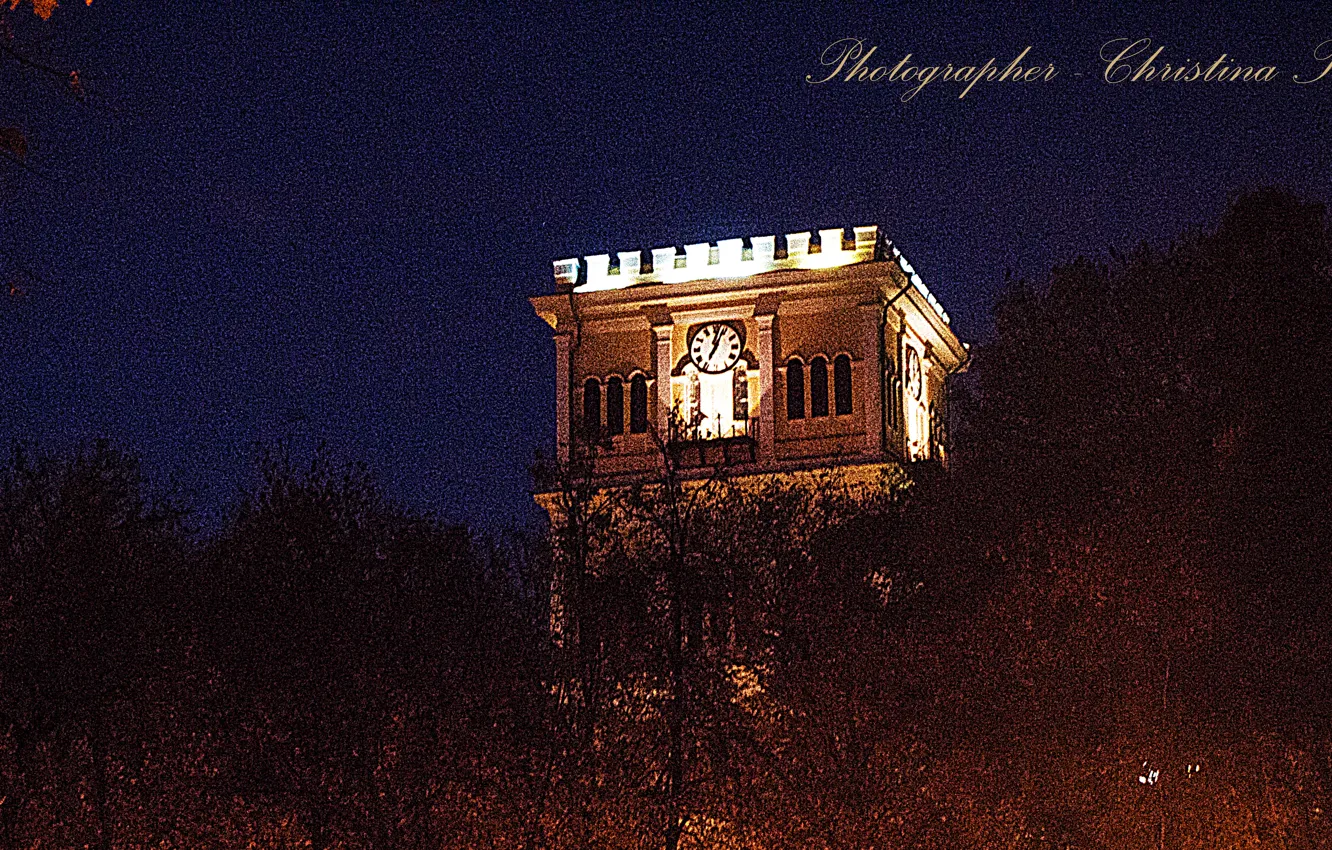 Photo wallpaper trees, watch, building, the sky.