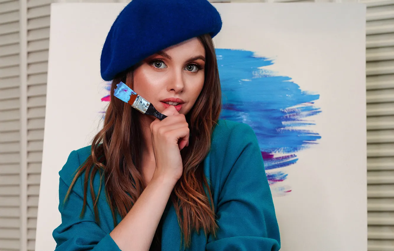 Photo wallpaper look, girl, blue, photo, model, makeup, lips, brown hair