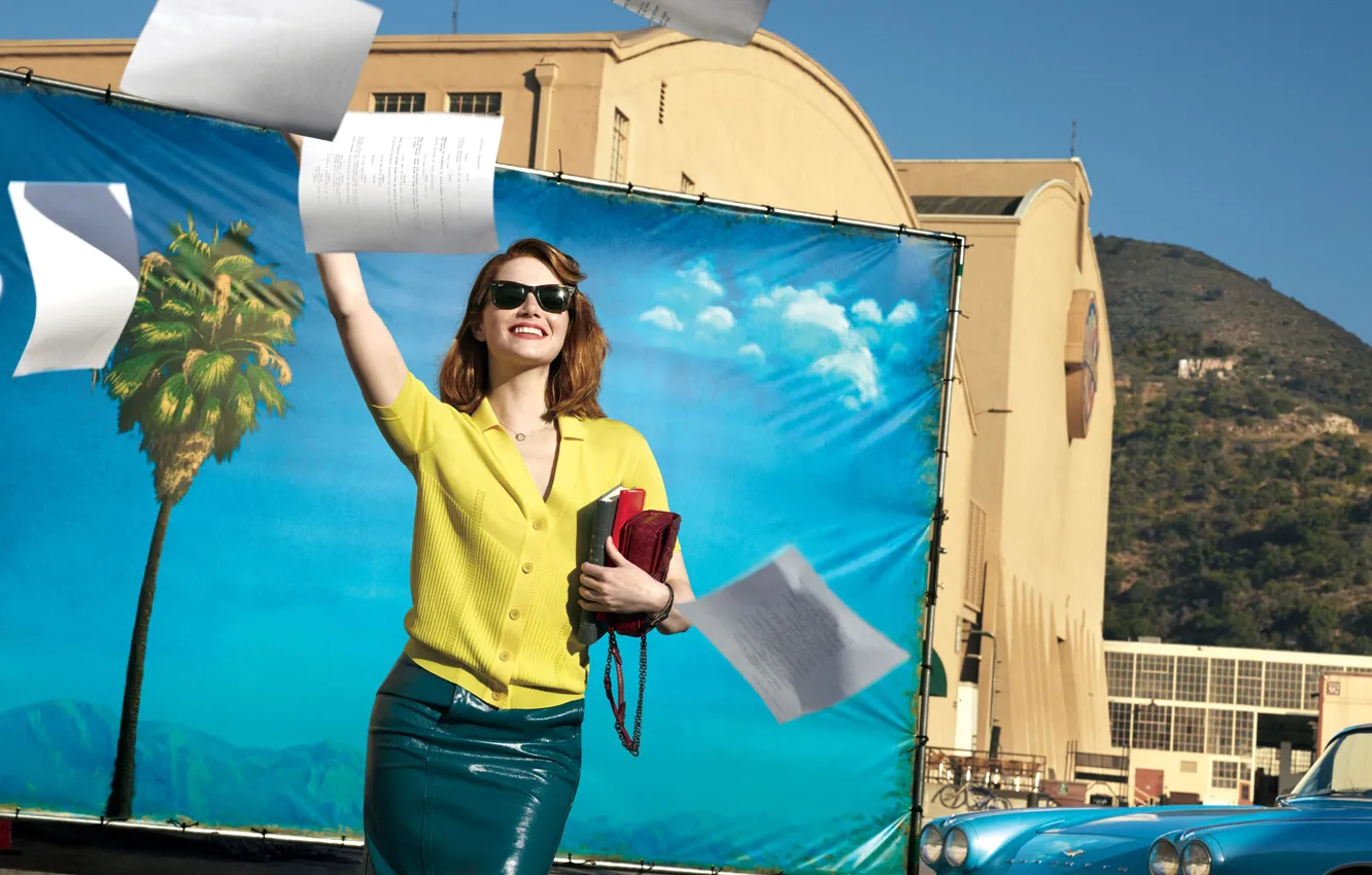 Photo wallpaper leaves, the sun, landscape, paper, skirt, actress, glasses, hairstyle