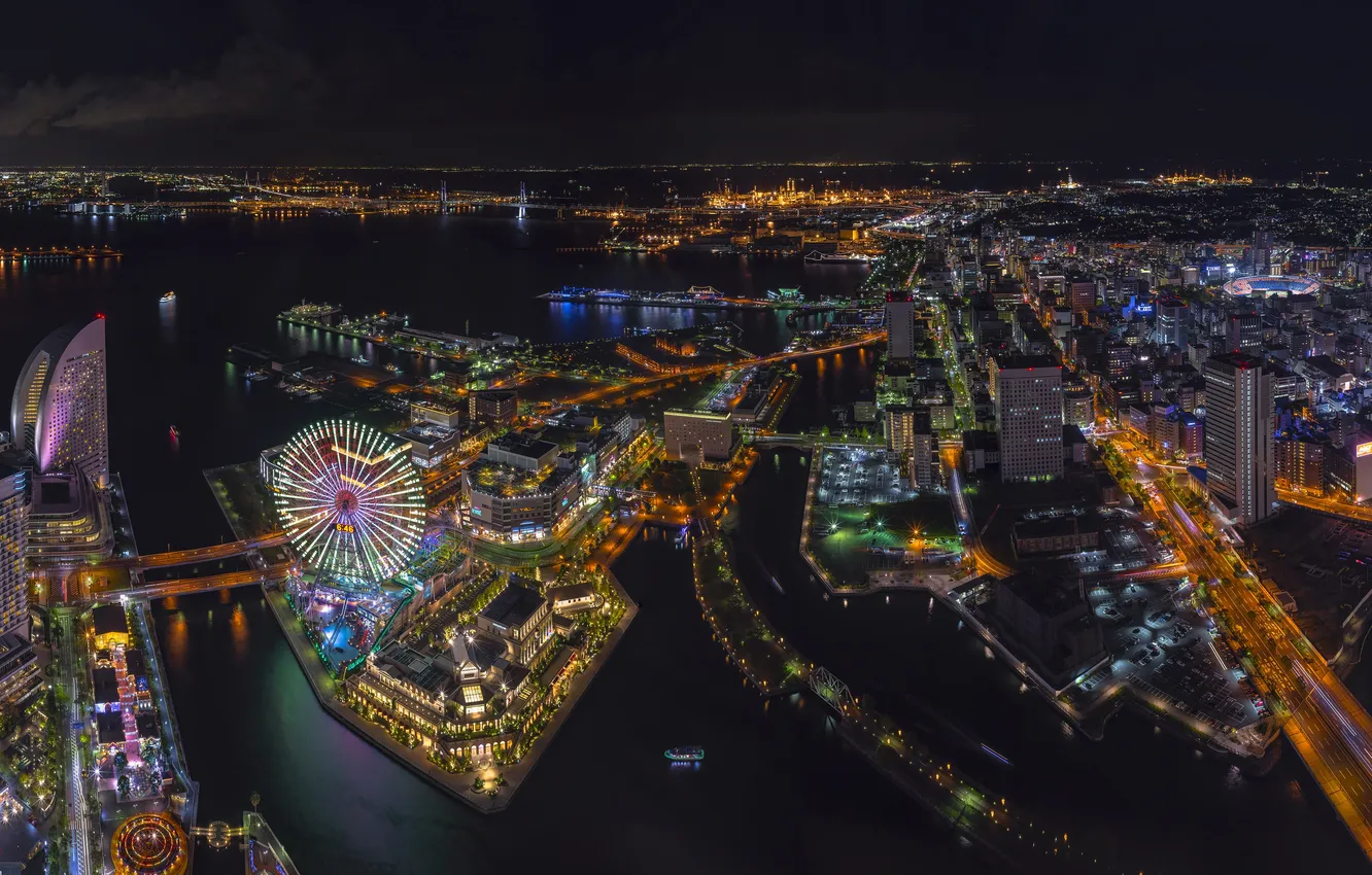 Photo wallpaper the city, Japan, night landscape, Ferris wheel, Japan, Minato Mirai, Night Skyline, Minato Mirai