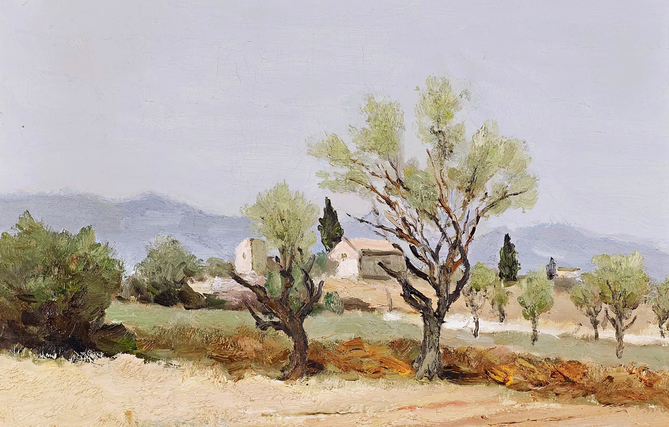 Photo wallpaper trees, landscape, mountains, home, picture, Marcel Dyf, Almond Trees and the Tower of Egalieres