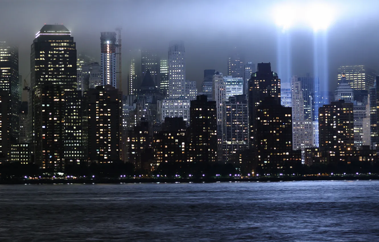 Photo wallpaper rays, light, skyscrapers, new York, World trade center, WTC, World Trade Center, memorial