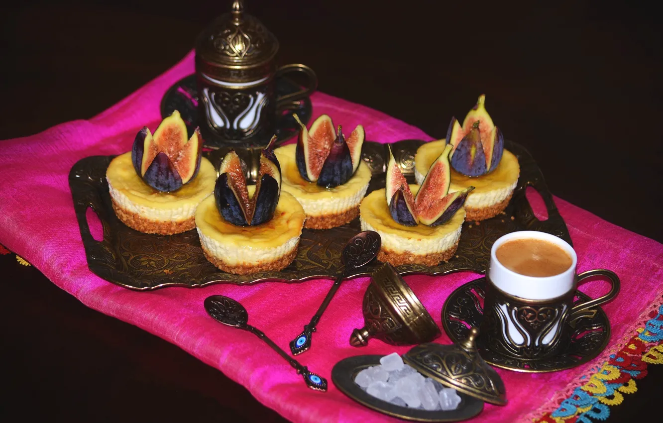 Photo wallpaper coffee, cake, figs