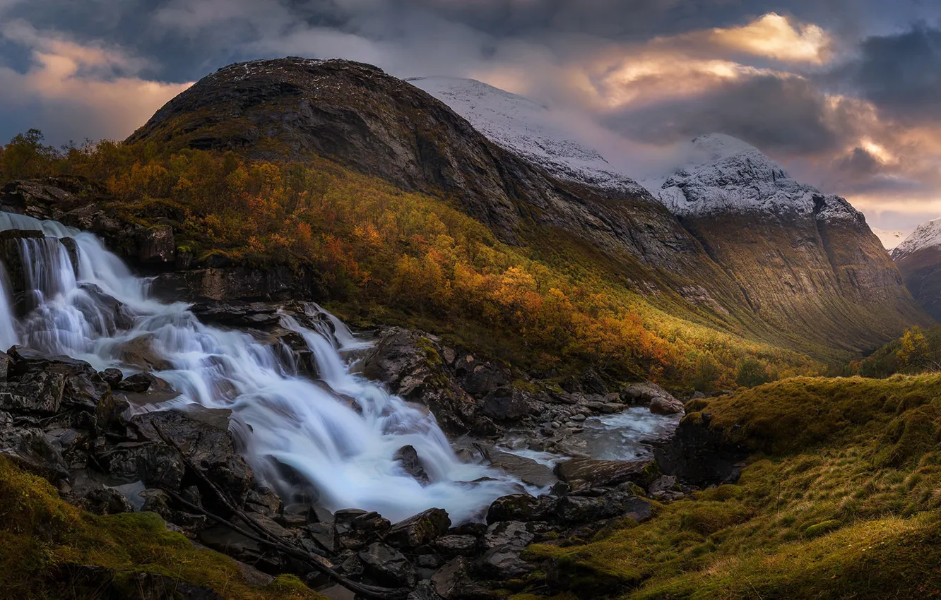 Photo wallpaper autumn, forest, mountains, waterfall, Norway, cascade, Norway, Sogn og Fjordane
