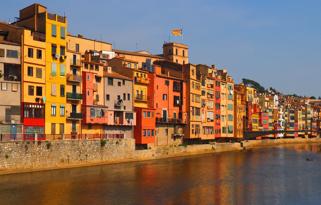 Photo wallpaper the sky, river, home, colorful, window, Spain, Catalonia, Girona