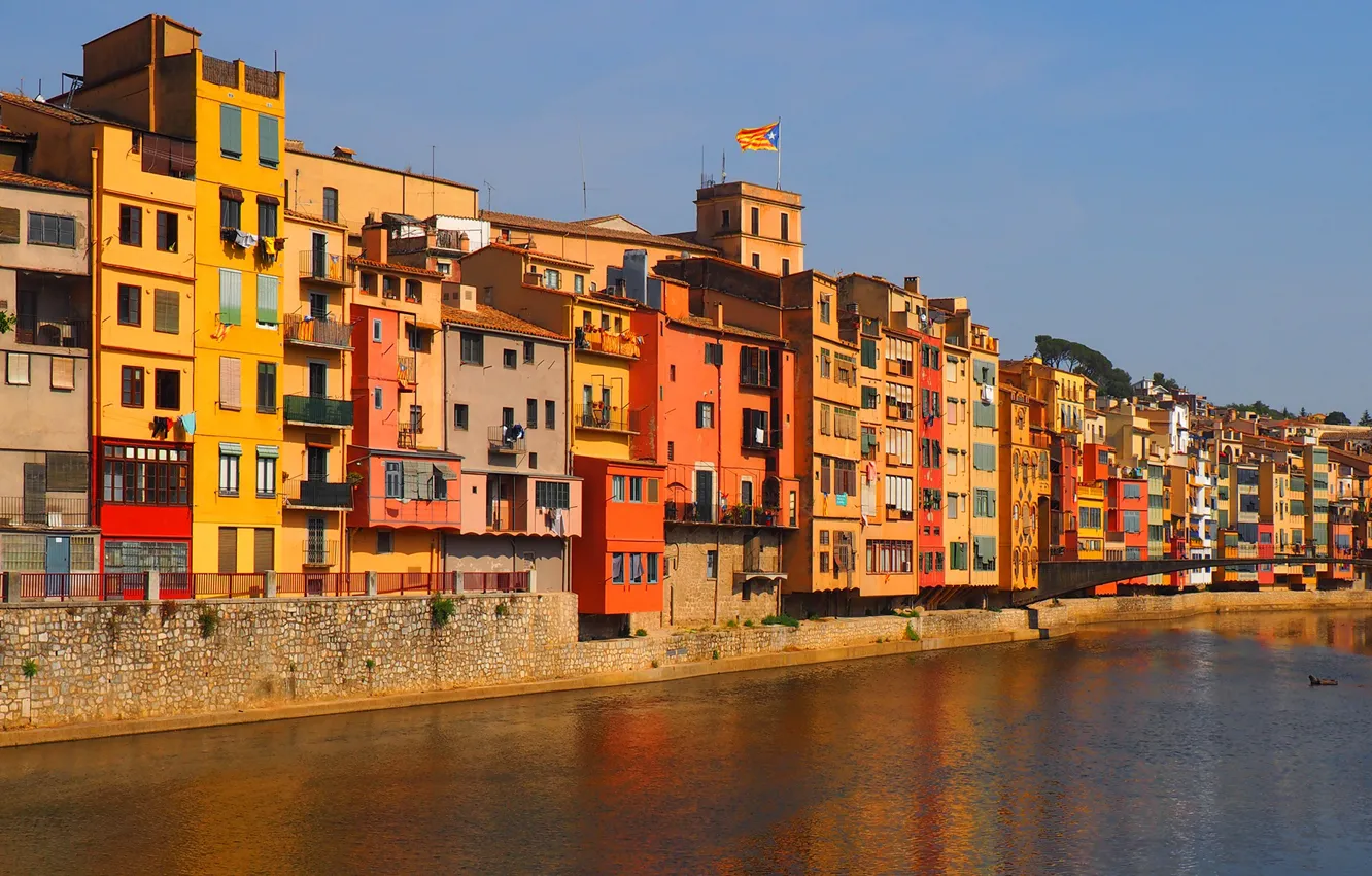 Photo wallpaper the sky, river, Windows, home, colorful, Spain, Catalonia, Girona