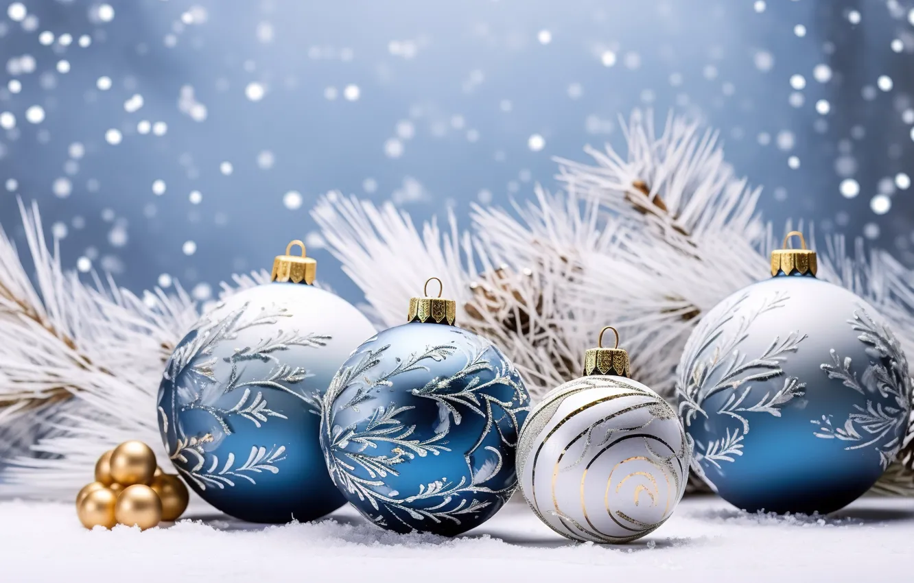 Photo wallpaper winter, snow, decoration, snowflakes, balls, new year, Christmas, golden