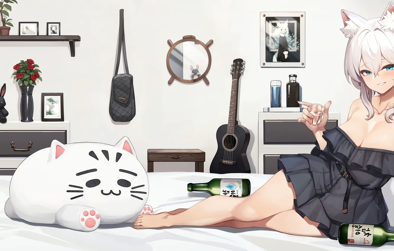 Photo wallpaper widescreen, girl, guitar, sexy, cleavage, dress, legs, boobs