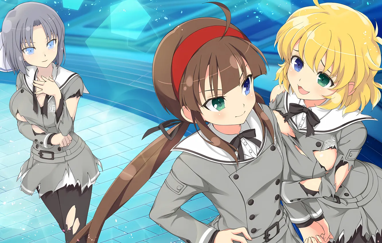 Photo wallpaper sexy, school uniform, green eyes, long hair, girls, brown hair, boobs, anime