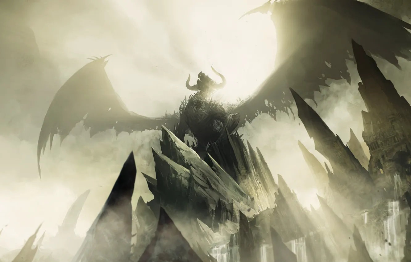 Photo wallpaper castle, rocks, dragon, wings, art, horns