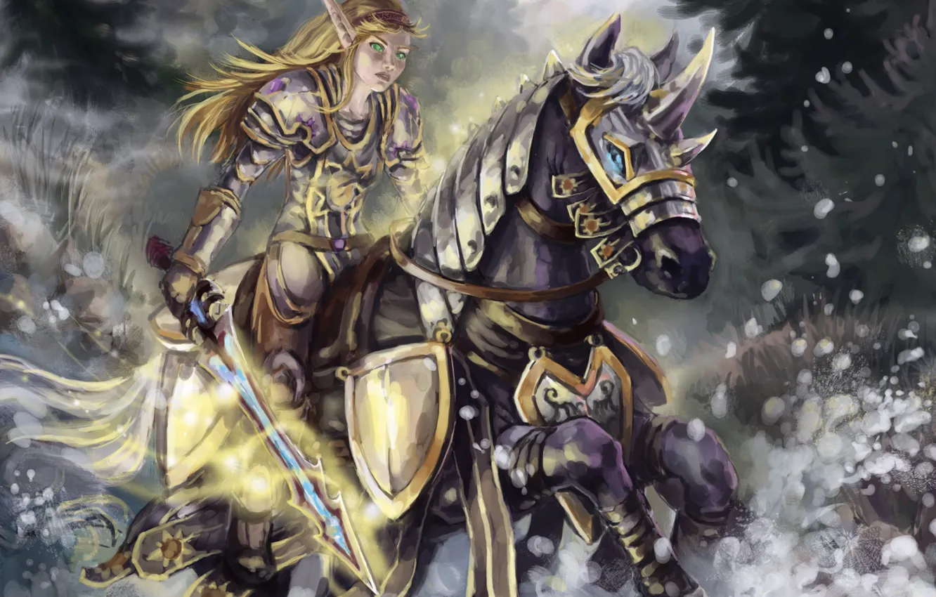 Photo wallpaper forest, horse, sword, art, running, elf, wow, world of warcraft