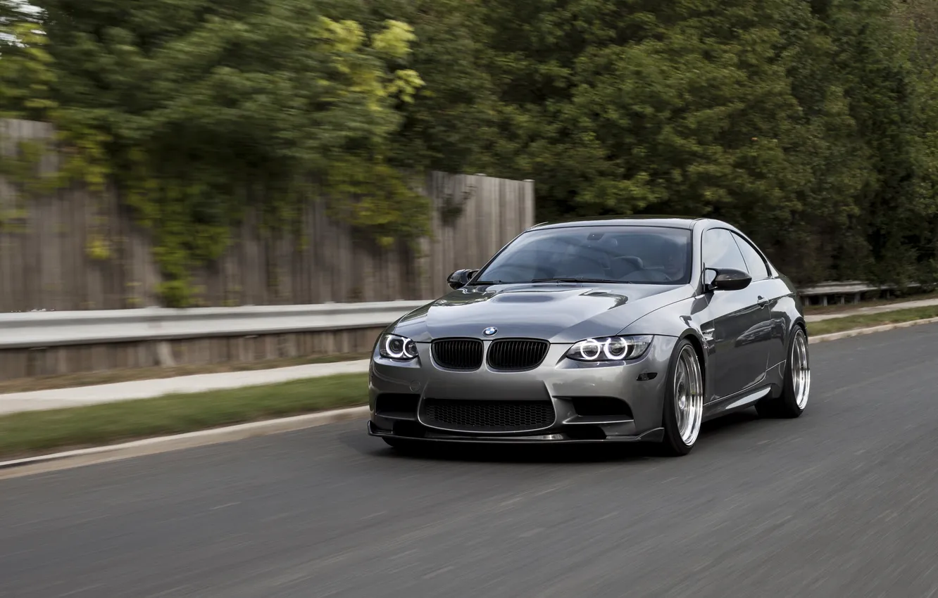Photo wallpaper road, trees, lawn, the fence, BMW, silver, BMW, road