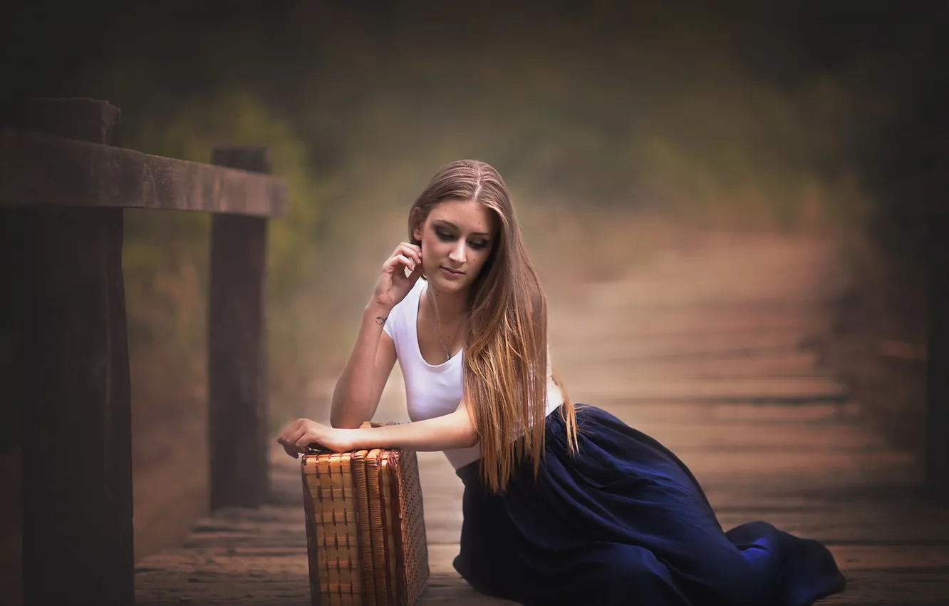 Photo wallpaper girl, mood, suitcase