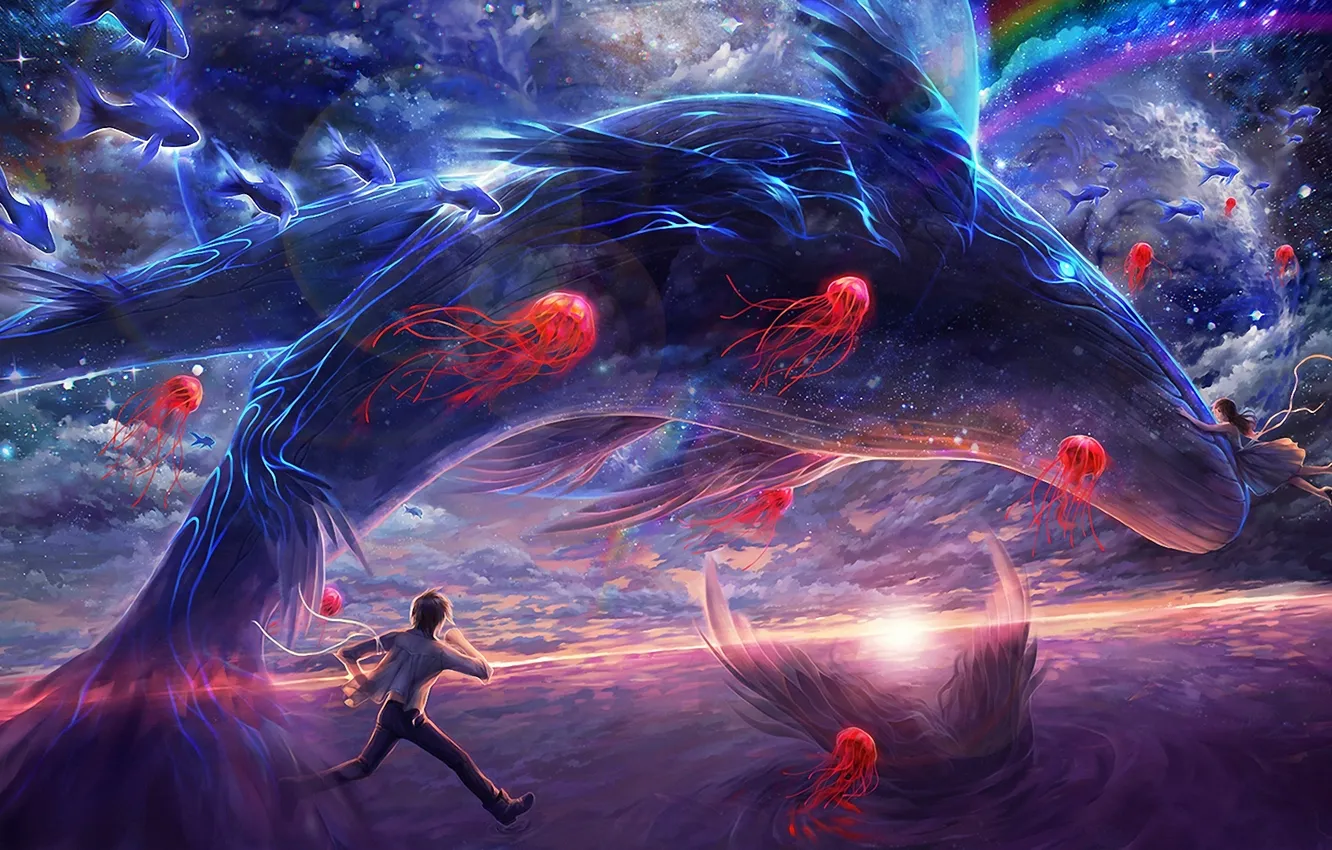 Photo wallpaper girl, fantasy, kit, jellyfish, guy