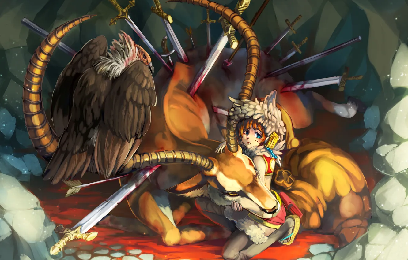 Photo wallpaper eagle, blood, deer, girl, swords
