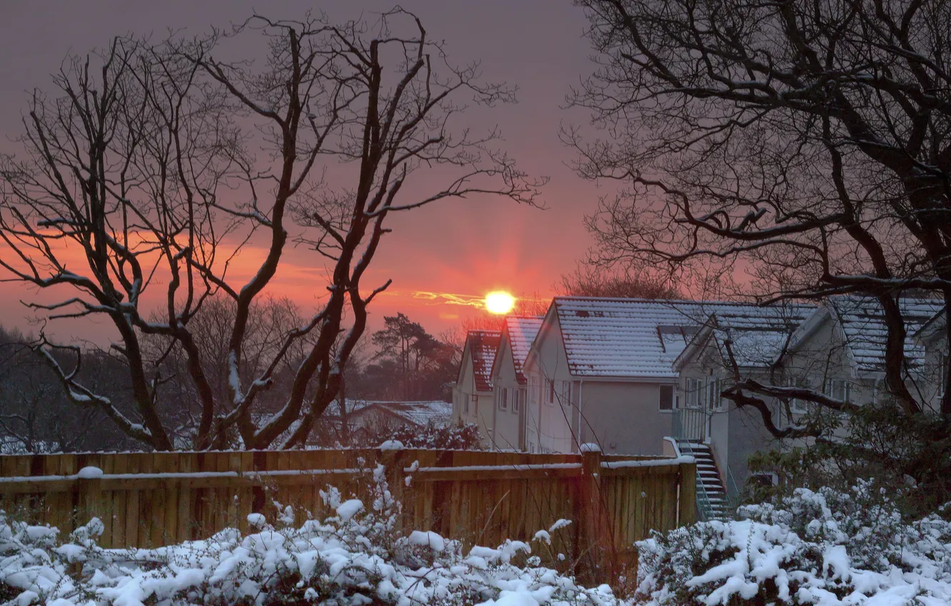 Photo wallpaper winter, the sun, snow, sunset, home