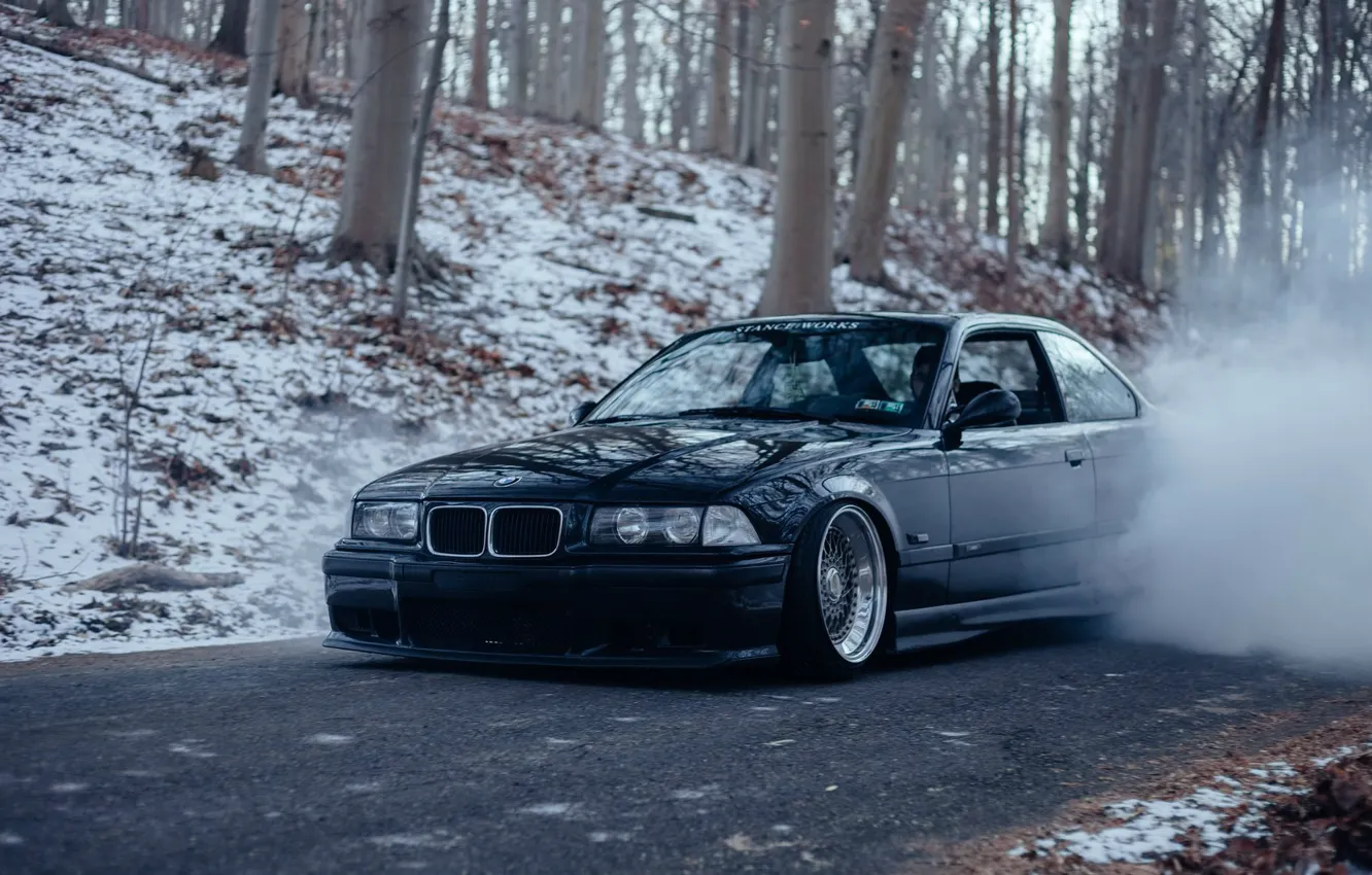 Photo wallpaper bmw, forest, black, smoke, tuning, burnout, bbs, germany
