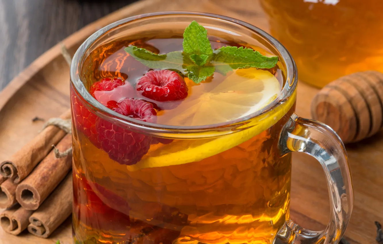 Photo wallpaper berries, raspberry, lemon, tea, sticks, honey, Cup, cinnamon