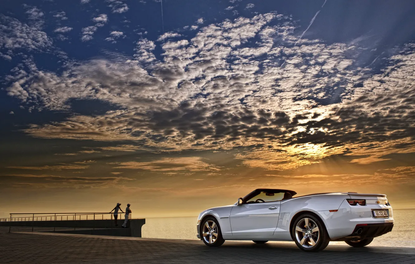 Photo wallpaper Sunset, The sky, Clouds, Sea, White, Chevrolet, Machine, Convertible