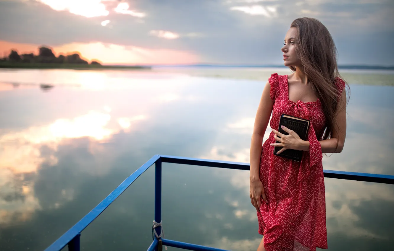 Photo wallpaper water, girl, pose, dress, book, Dmitry Shulgin
