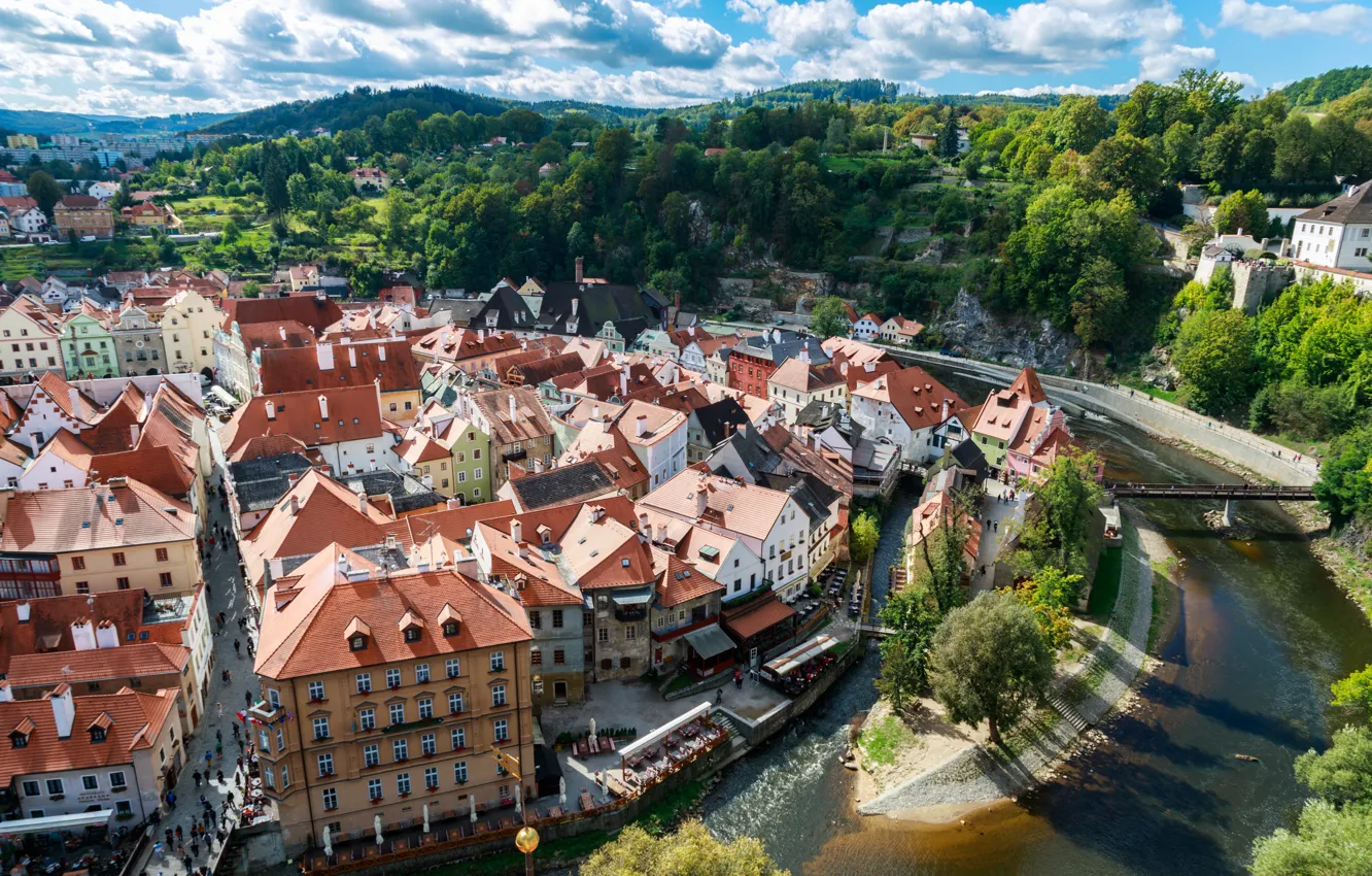 Photo wallpaper roof, summer, the sky, clouds, light, trees, bridge, the city