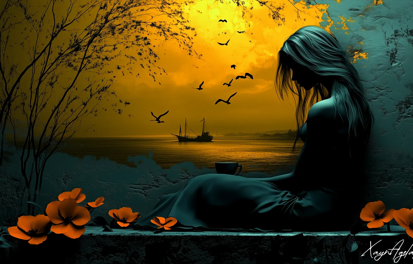 Photo wallpaper sadness, the sky, clouds, trees, sunset, flowers, bird, ship