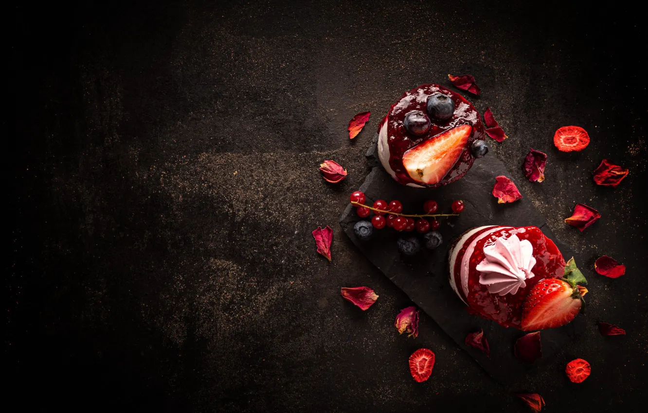 Photo wallpaper berries, the dark background, petals, blueberries, strawberry, cake, cream, dessert
