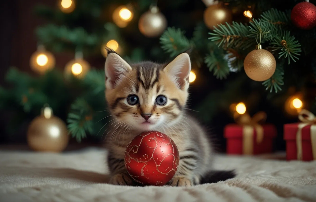 Photo wallpaper cat, look, balls, pose, grey, gift, new year, Christmas