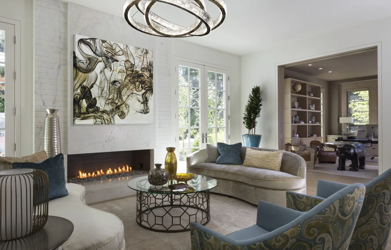 Photo wallpaper interior, fireplace, living room