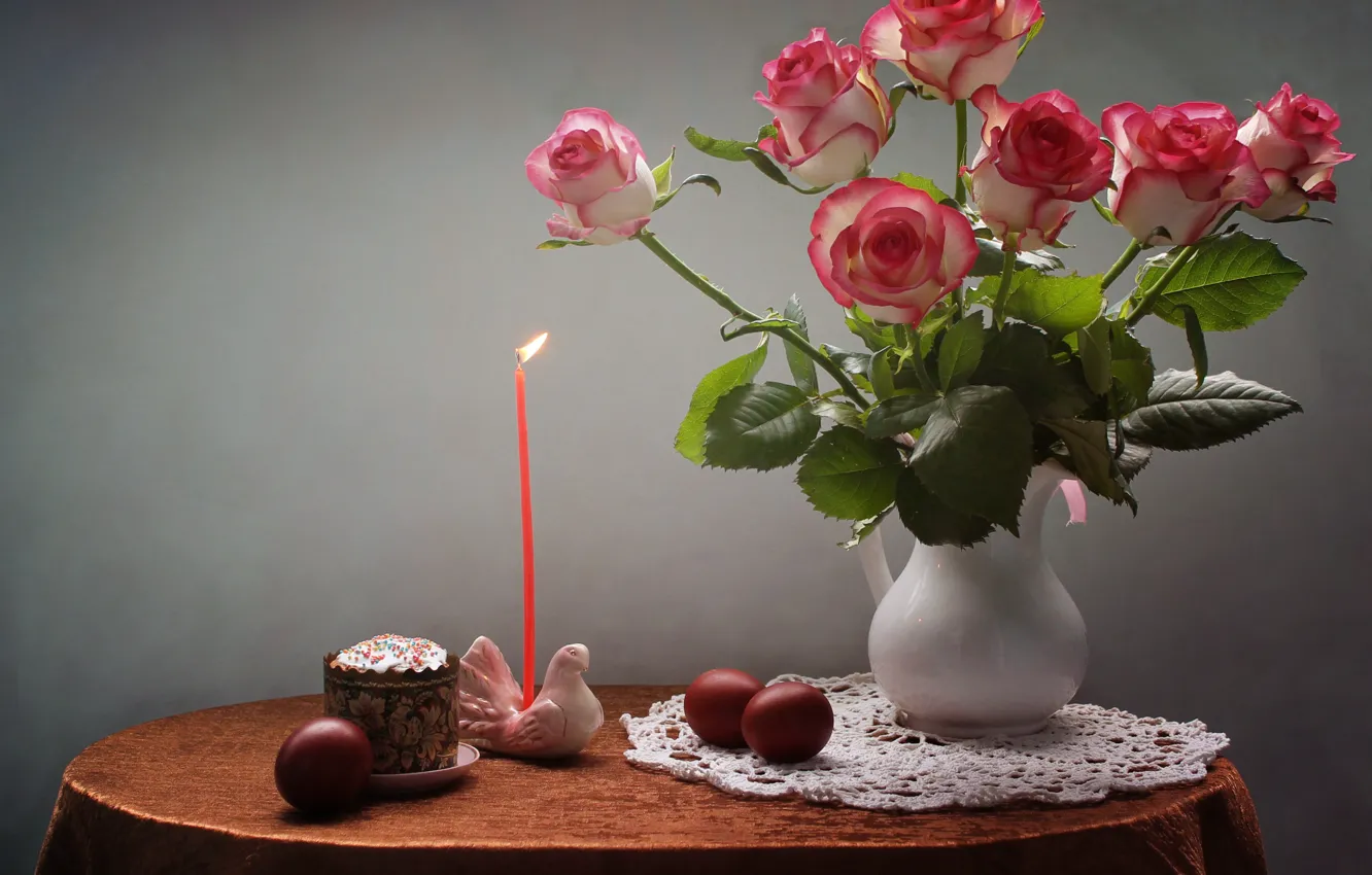 Photo wallpaper flowers, table, holiday, dove, roses, candle, eggs, Easter