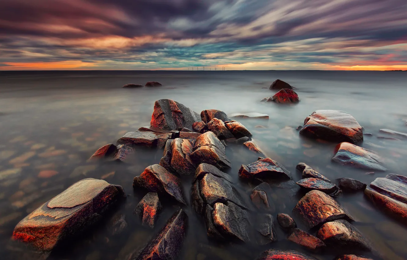 Photo wallpaper sea, clouds, sunset, stones, the evening, Sweden