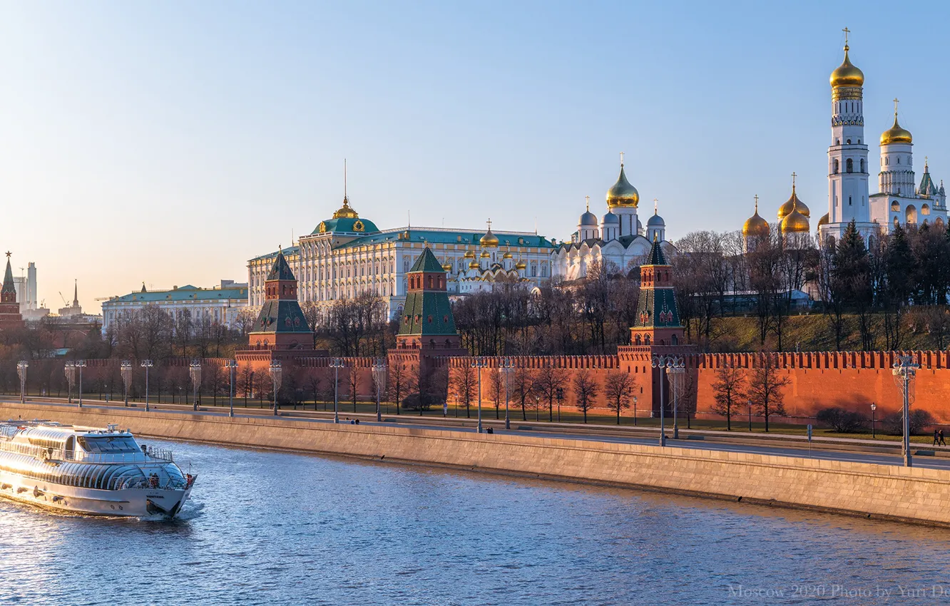 Photo wallpaper river, Moscow, tower, Russia, promenade, ship, temples, The Moscow river