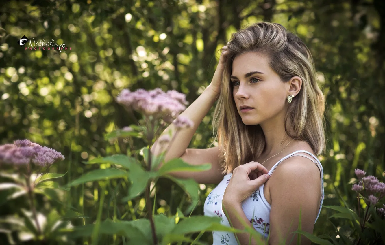 Photo wallpaper greens, trees, flowers, model, portrait, makeup, Mike, hairstyle
