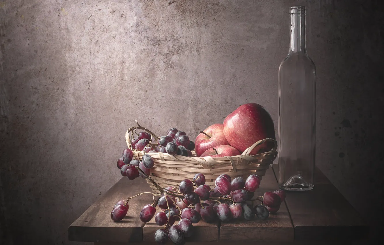 Photo wallpaper glass, table, wall, apples, bottle, food, grapes, fruit