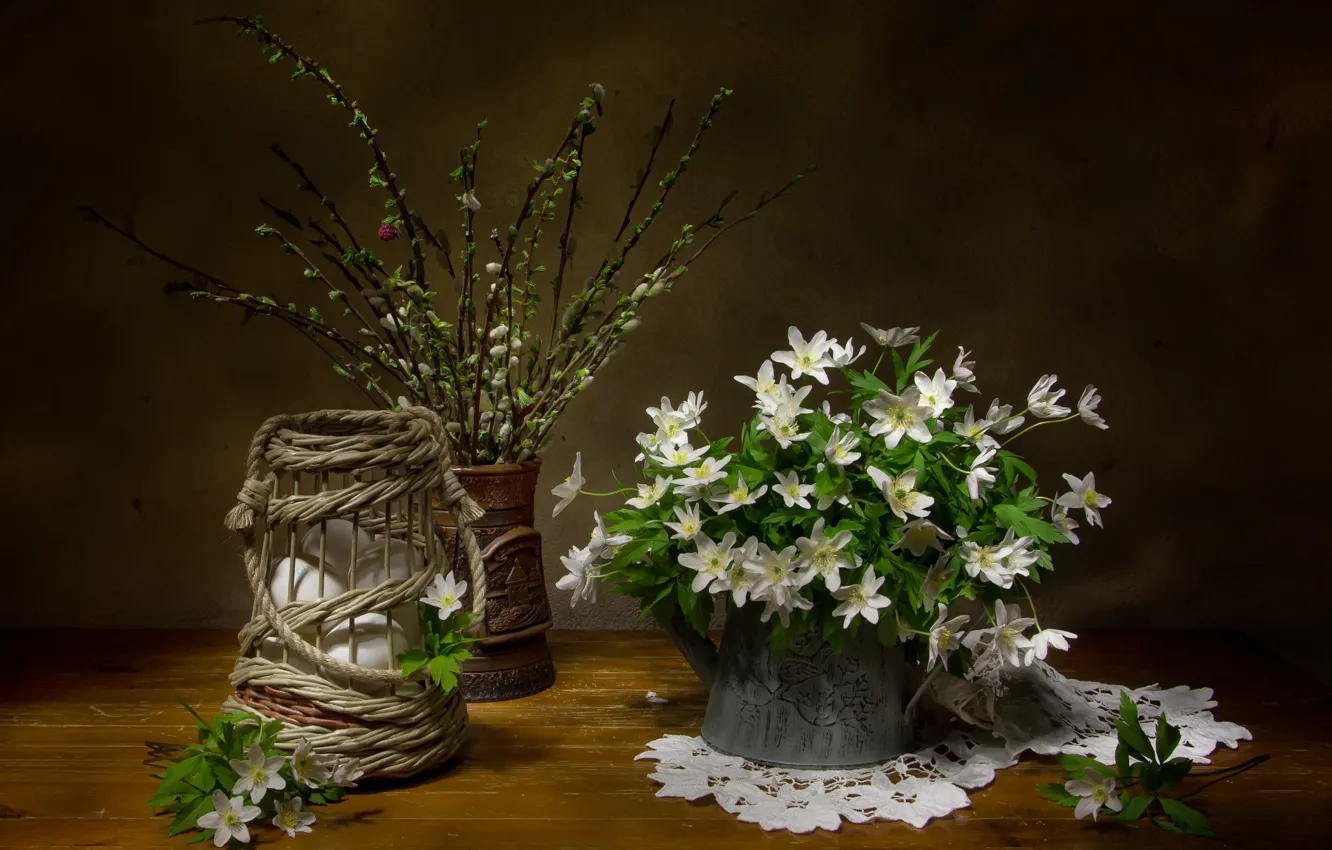 Photo wallpaper flowers, branches, table, eggs, bouquet, spring, lake, white