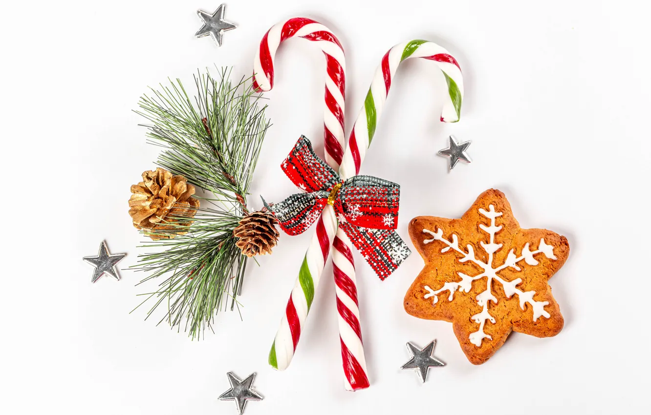 Photo wallpaper holiday, new year, white background, lollipops, stars, bow, bumps, cookie