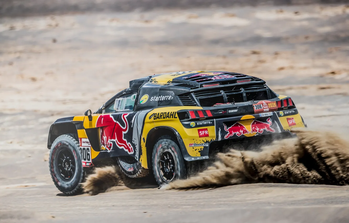 Photo wallpaper Sand, Sport, Machine, Speed, Race, Peugeot, Red Bull, Rally