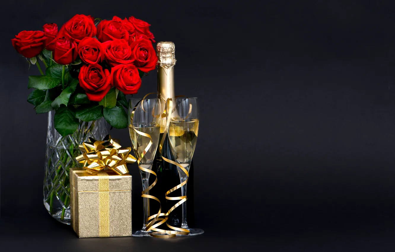 Photo wallpaper flowers, gift, glass, champagne, Lili Graphie