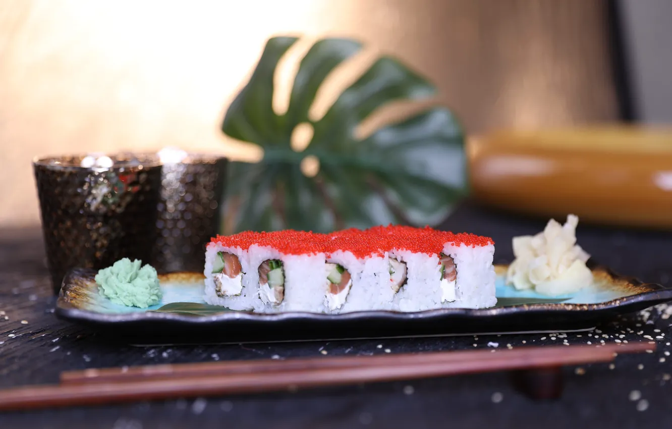 Photo wallpaper sticks, figure, caviar, rolls, salmon