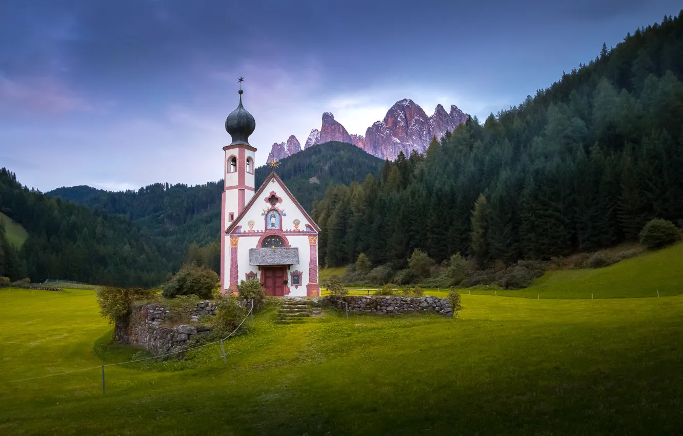 Photo wallpaper forest, mountains, valley, Italy, Church, chapel, Italy, The Dolomites
