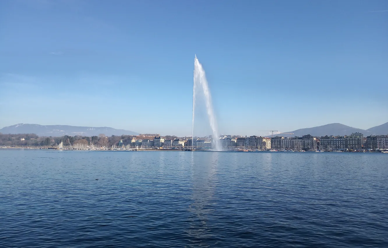 Photo wallpaper Switzerland, fountain, Lake Geneva, the city of Geneva