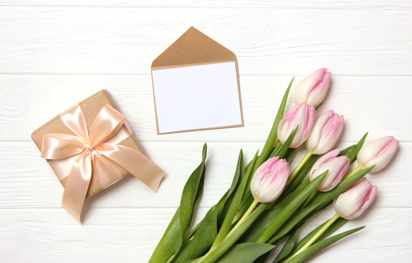 Photo wallpaper flowers, gift, bouquet, tulips, pink, wood, pink, flowers