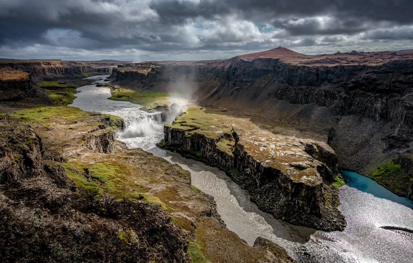 Photo wallpaper the sky, mountains, clouds, river, stones, overcast, rocks, shore